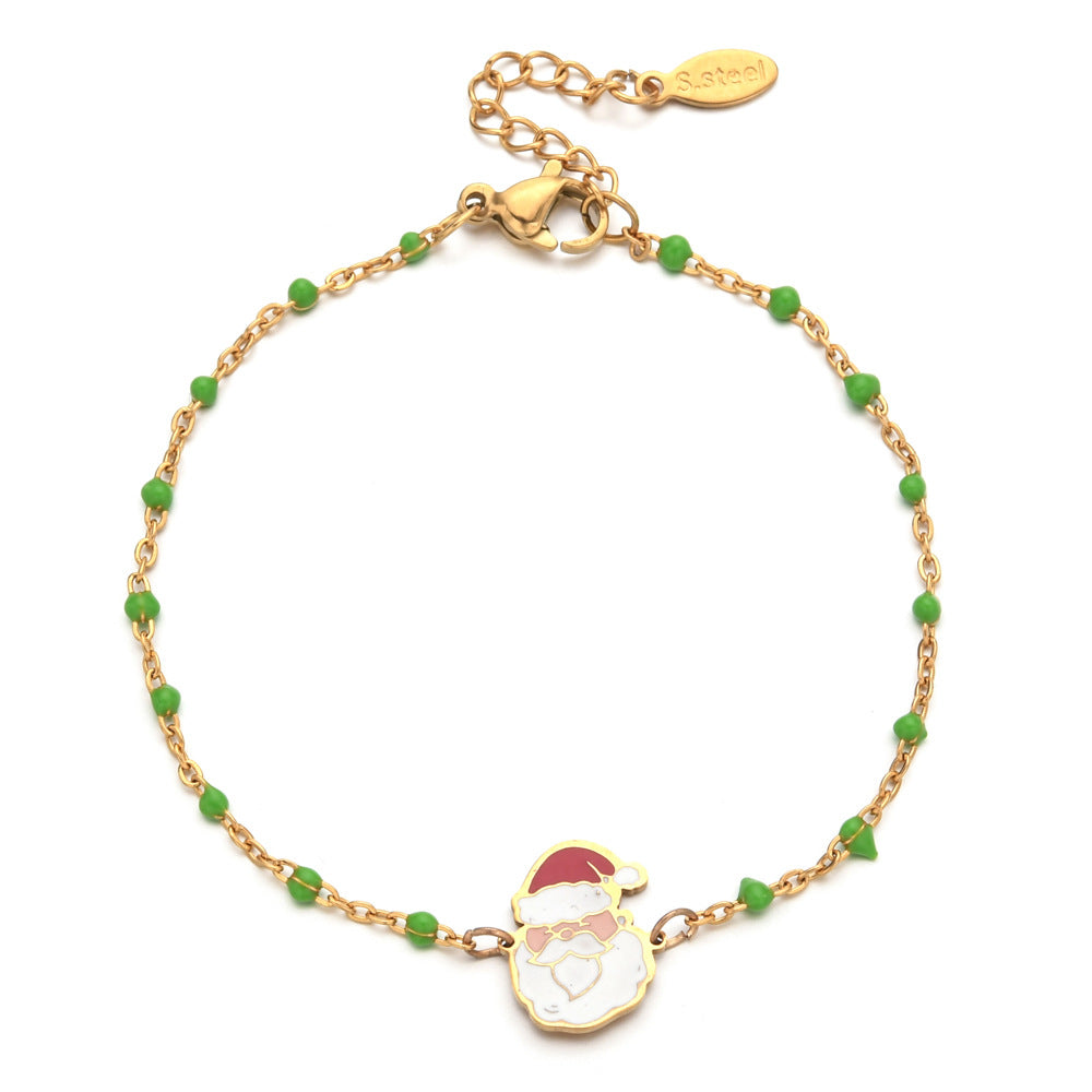 Wholesale Christmas Alloy Drip Oil Santa Claus Stainless Steel Rice Bead Bracelet